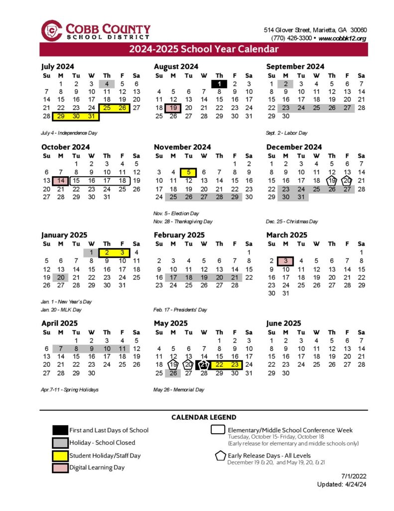 Cobb County School District Calendar 2024-2025