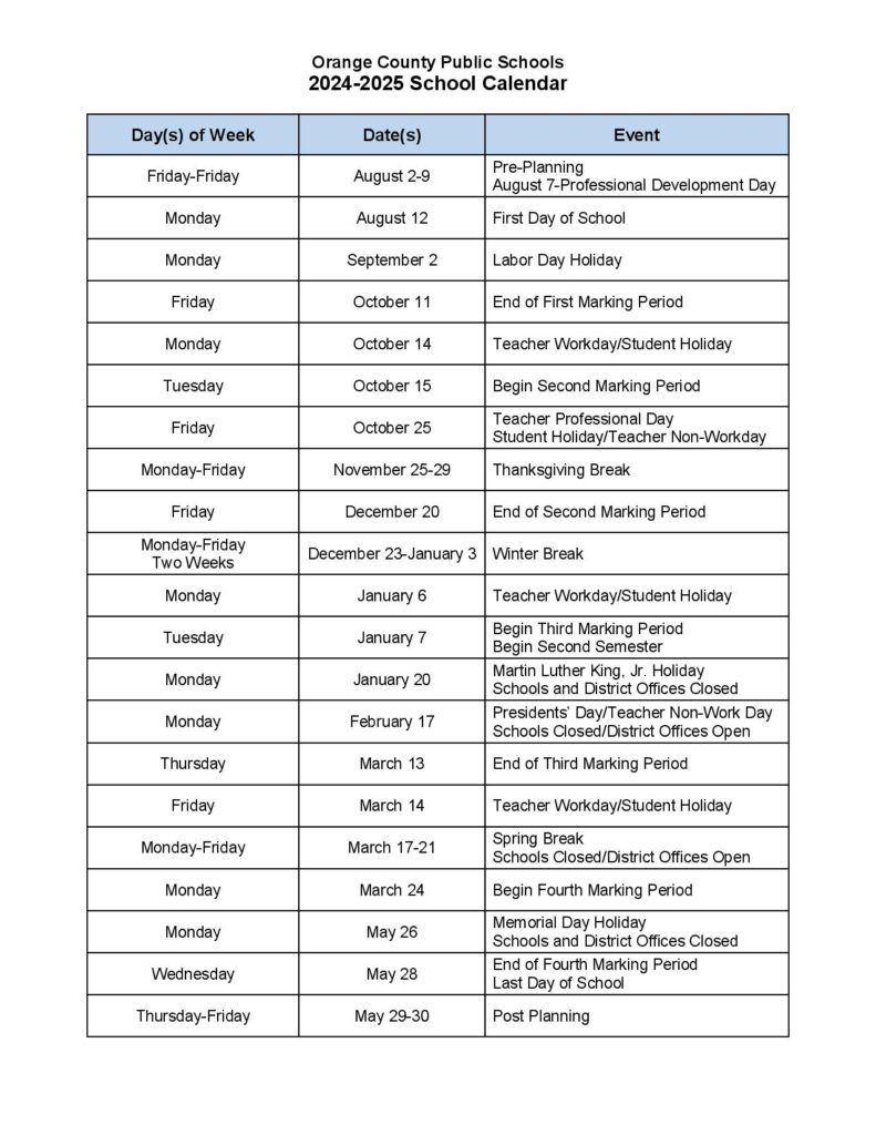 Orange County Public Schools Calendar