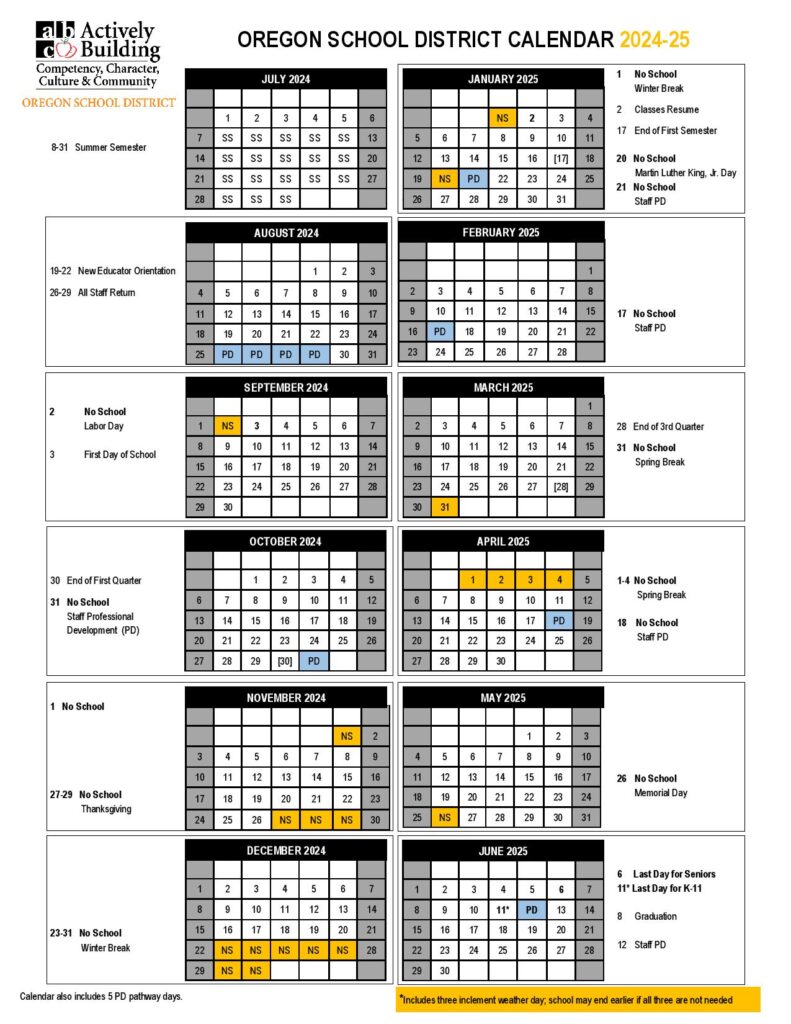 Oregon School District Calendar