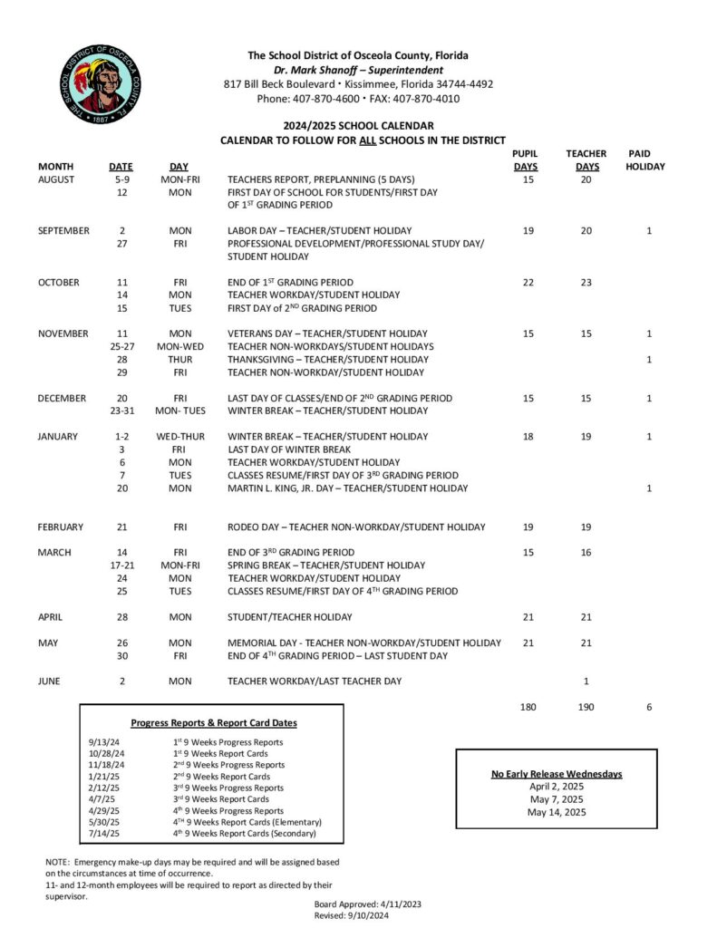 Osceola County School District Calendar