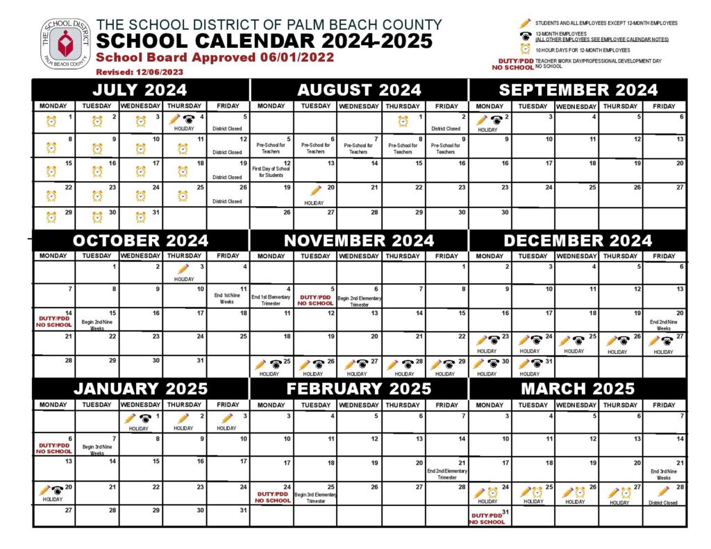 Palm Beach County School District Calendar