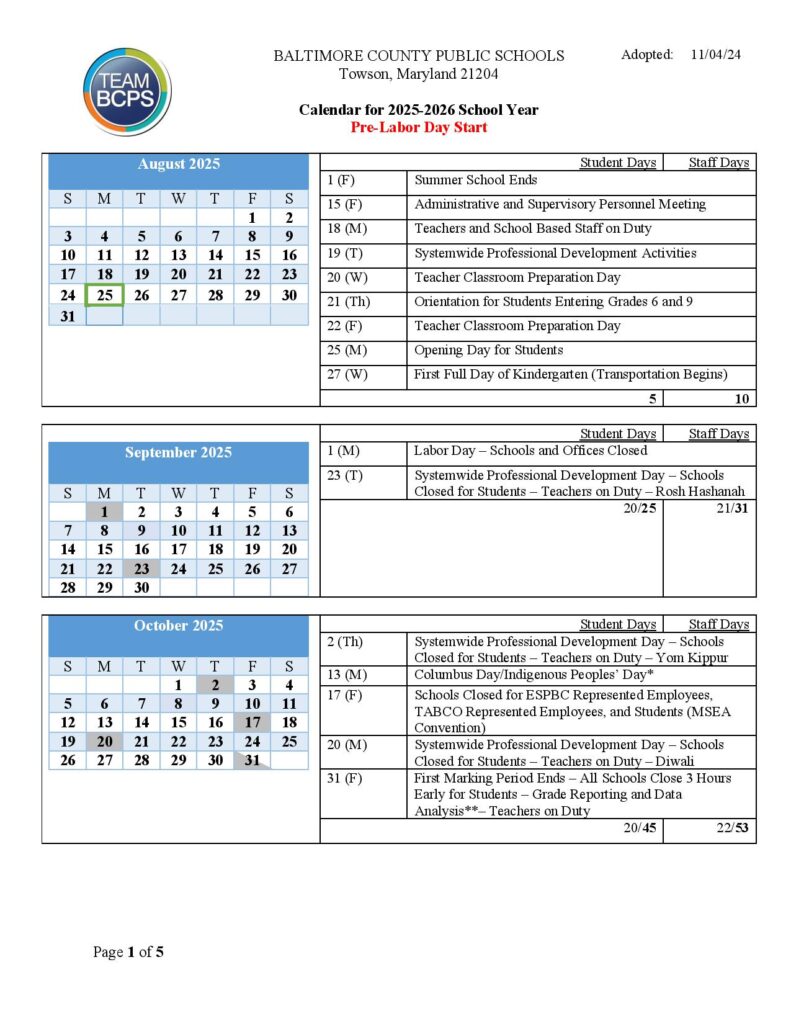 Baltimore County Public Schools Calendar 2025-2026