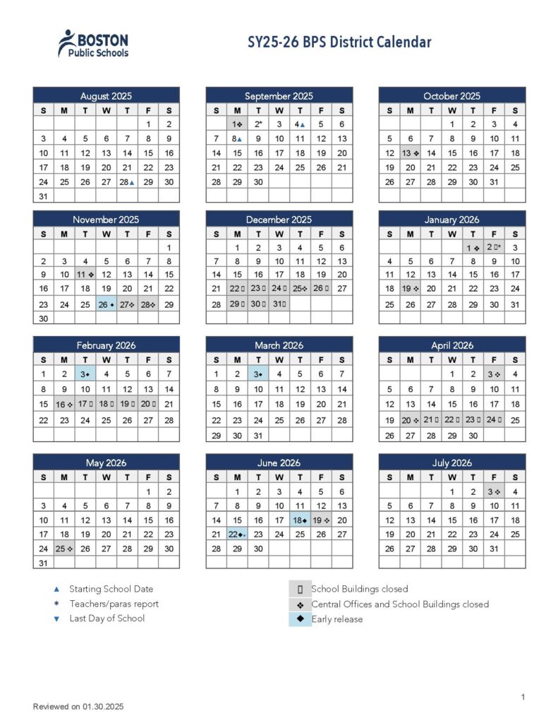 Boston Public Schools Calendar 2025-2026