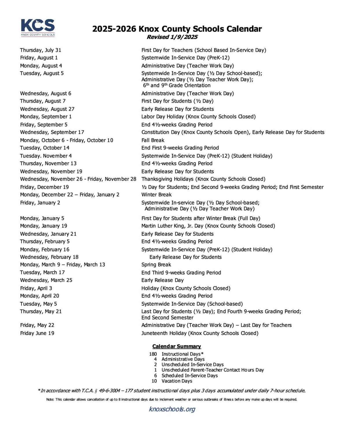 Knox County Schools Calendar 2025-2026 | Download Now