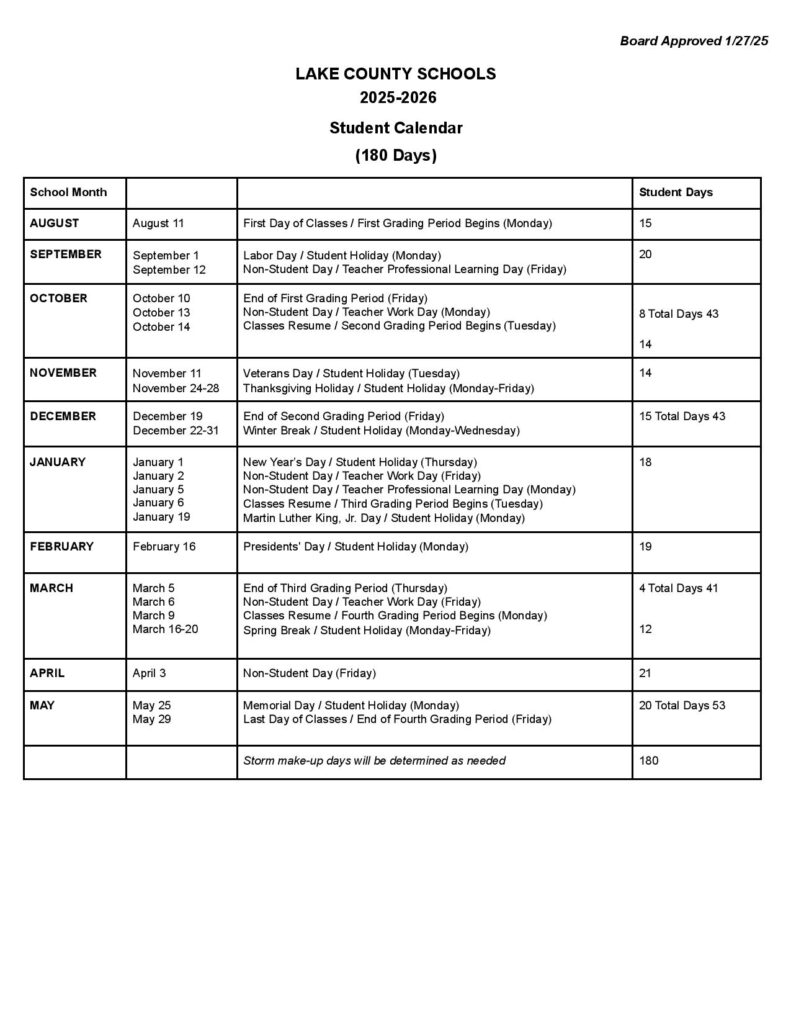 Lake County Schools Calendar