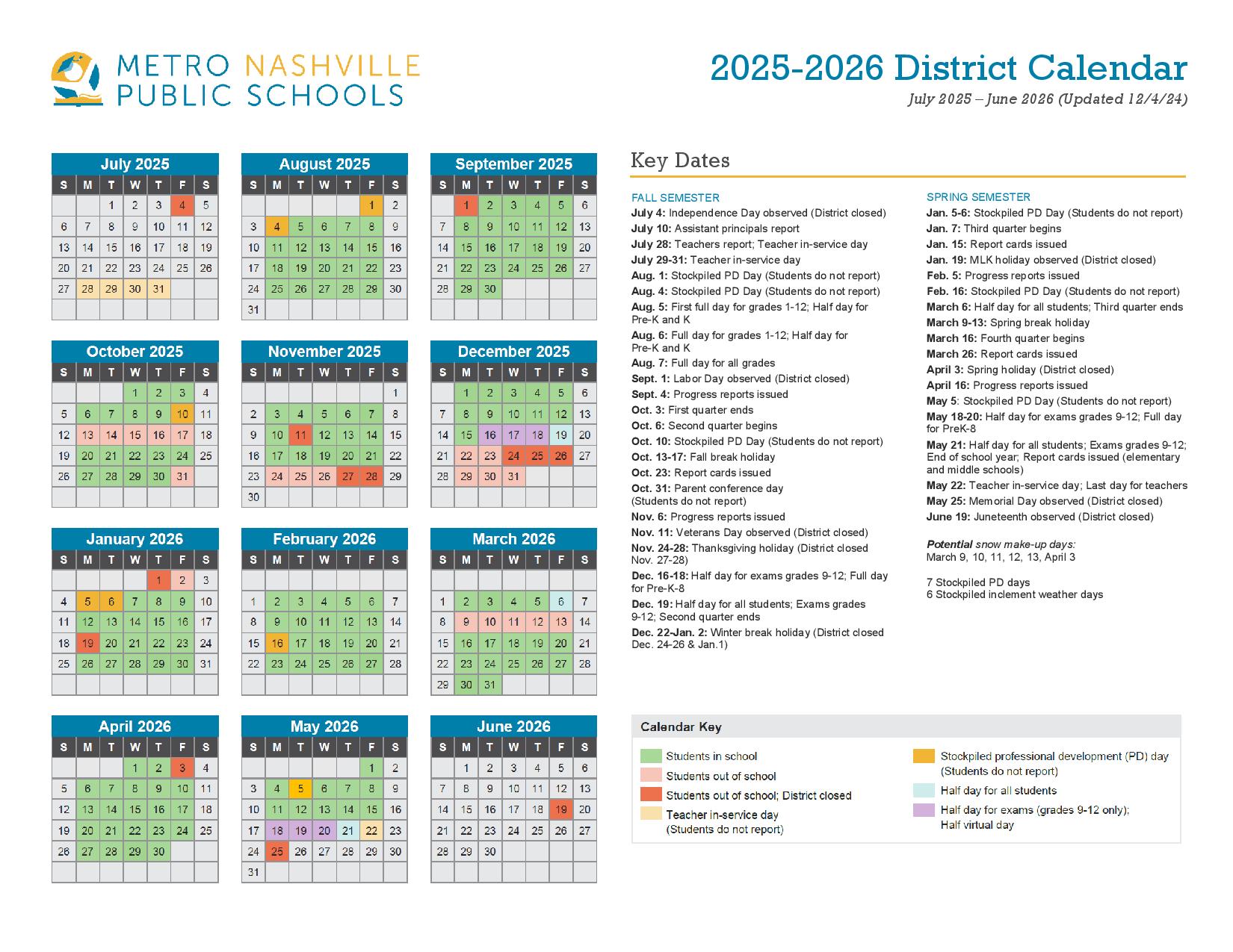Metropolitan Nashville Public Schools Calendar 20252026 Download Now
