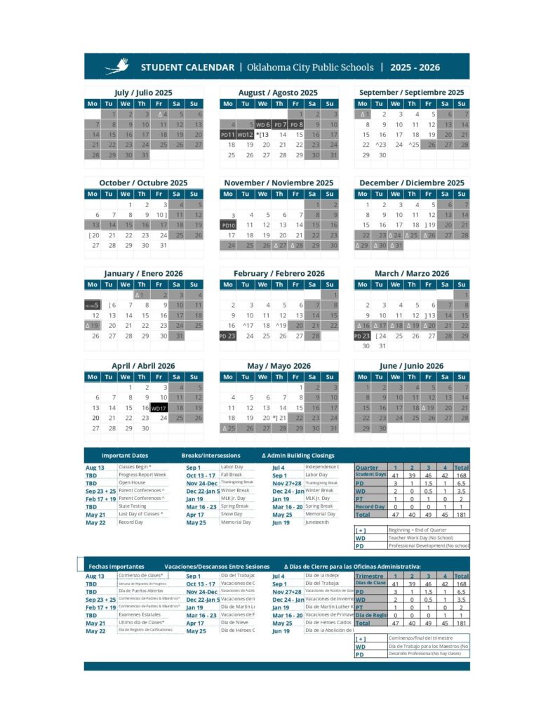 Oklahoma City Public Schools Calendar 2025-2026