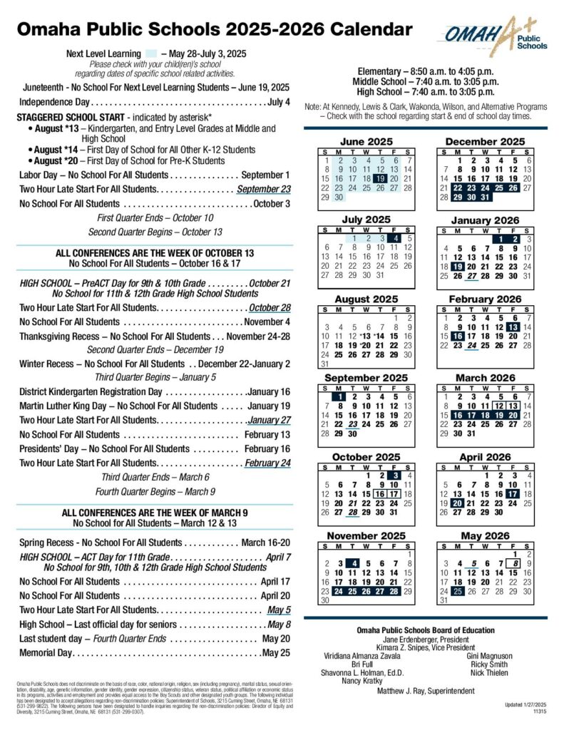 Omaha Public Schools Calendar 2025-2026