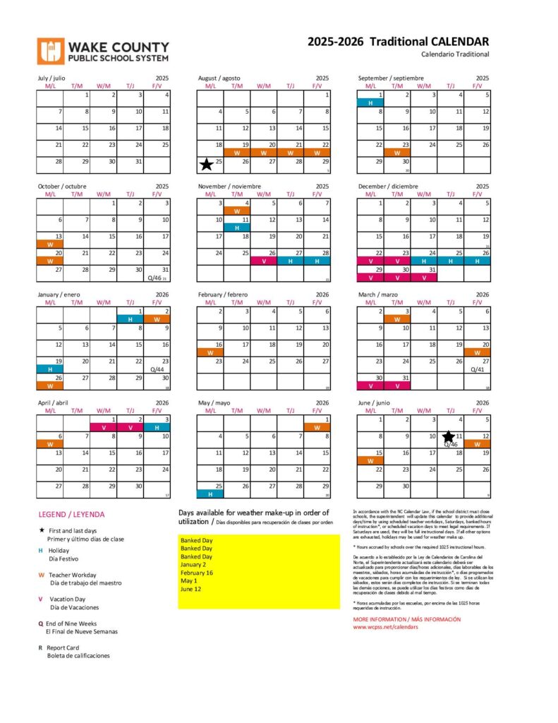 Wake County Public Schools Calendar 2025-2026