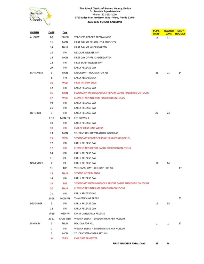 Brevard Public Schools Calendar 2025-2026
