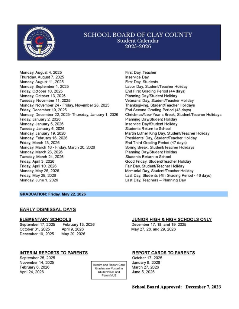 Clay County School District Calendar 2025-2026