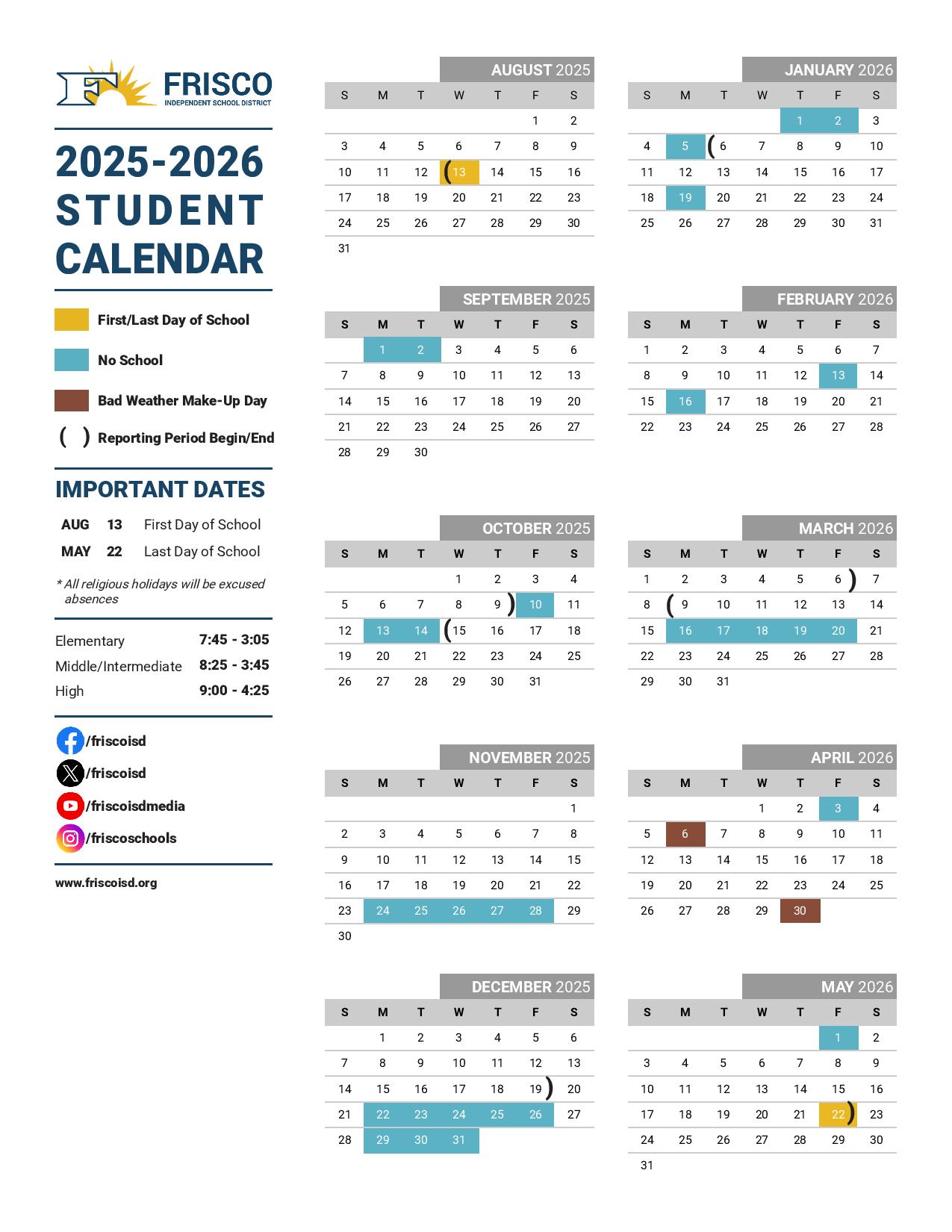 Frisco Independent School District Calendar 20252026 Download Now