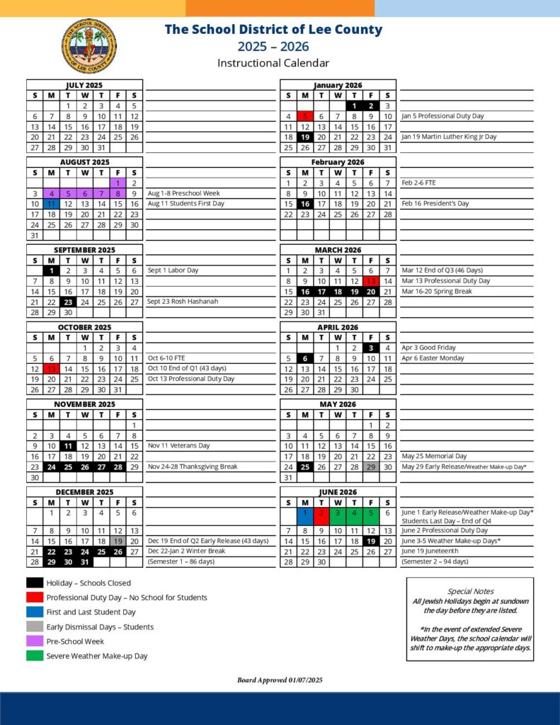 Lee County School District Calendar 2025-2026