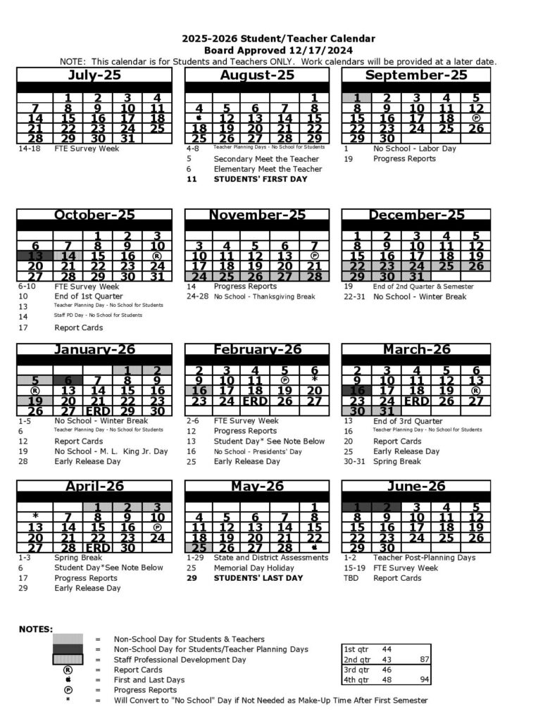 Pasco County Schools Calendar 2025-2026