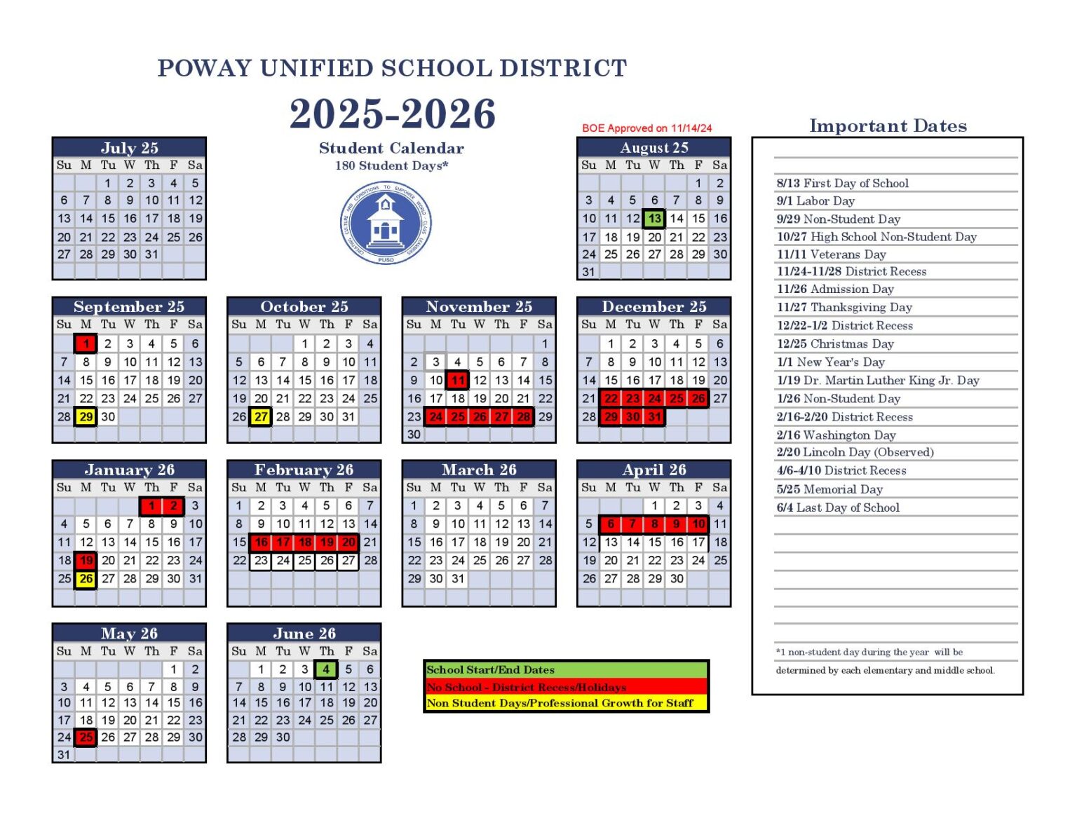 Poway Unified School District Calendar 20252026 Download Now