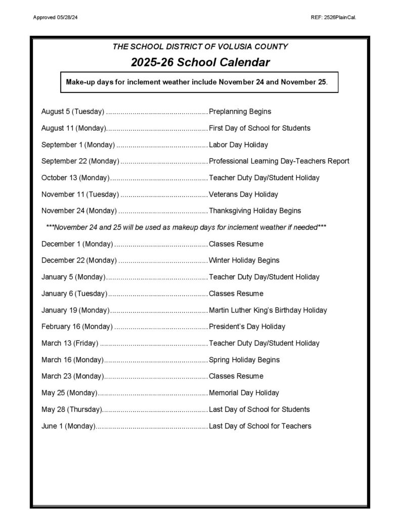 Volusia County Schools Calendar 2025-2026