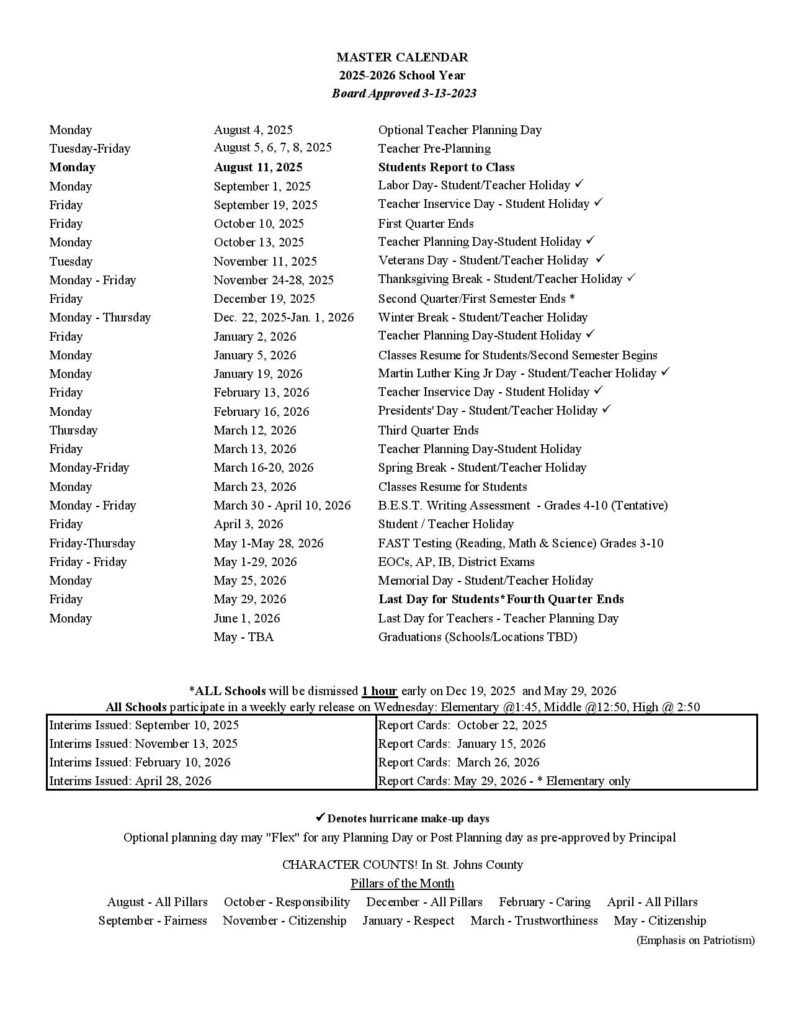 St. Johns County School District Calendar 2025-2026